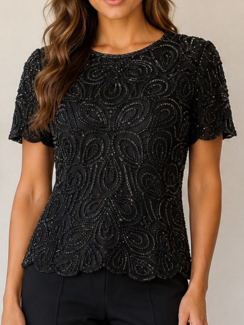Vintage 90s Denise Elle Black 100% Silk Beaded Sequin Evening Blouse Petite XL